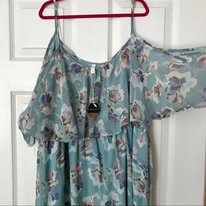 Cold shoulder Light blue floral floor length dress